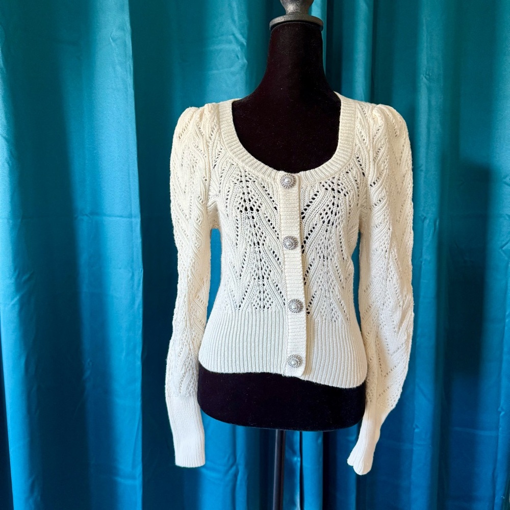 Express Cream Puff Sleeve Button-Up Cardigan With Bejeweled Buttons ~ Size Small